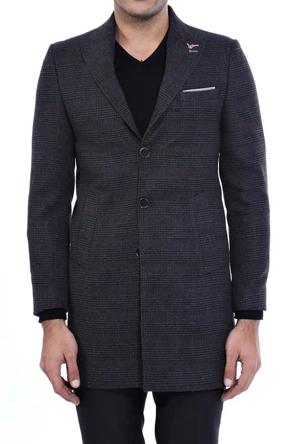 Wide Pointed Collar Anthracitic Plaid Coat - Wessi