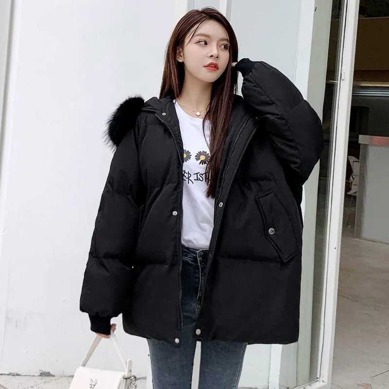 Winter Down Padded Jacket Loose Padded Jacket Short Winter Padded Jacket Thick Fluffy Large Fur Collar Hooded Down Jacket Padded Jacket