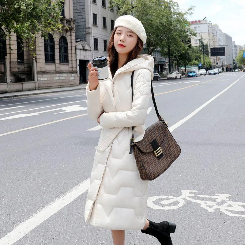 Winter Padded Jacket Women's Slim Down Padded Jacket Over The Knee Mid-length Hooded Warm Padded Jacket