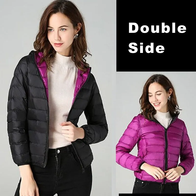 Women Double Side Wear Hooded Down Jacket