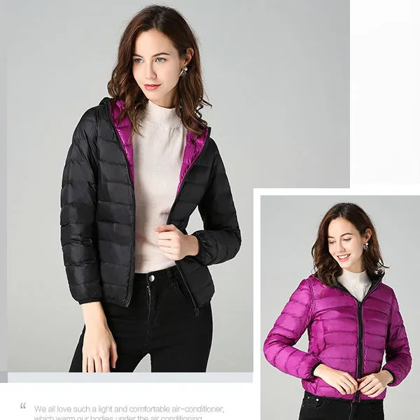 Women Double Side Wear Hooded Down Jacket