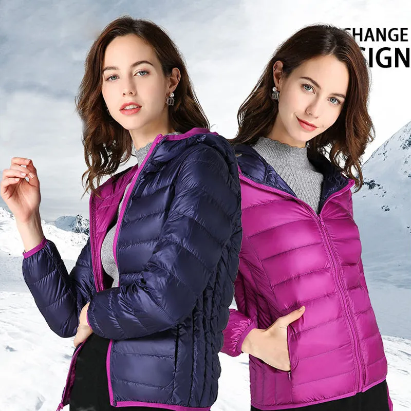 Women Double Side Wear Hooded Down Jacket