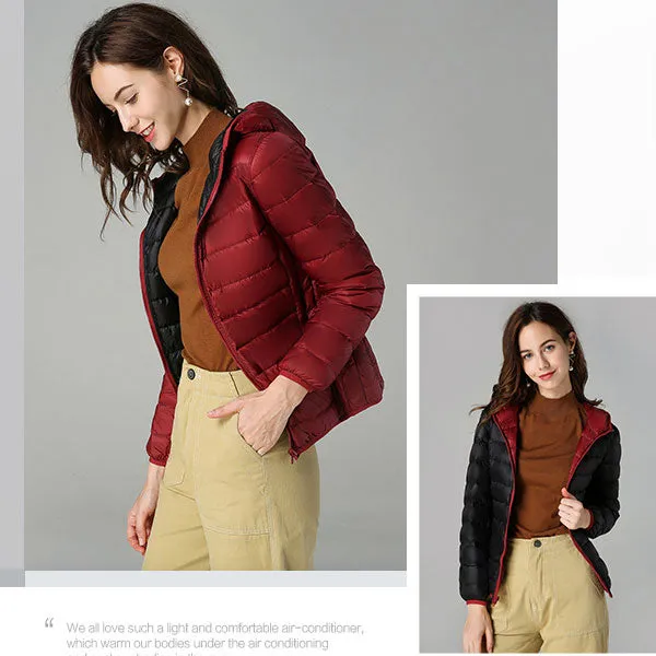 Women Double Side Wear Hooded Down Jacket