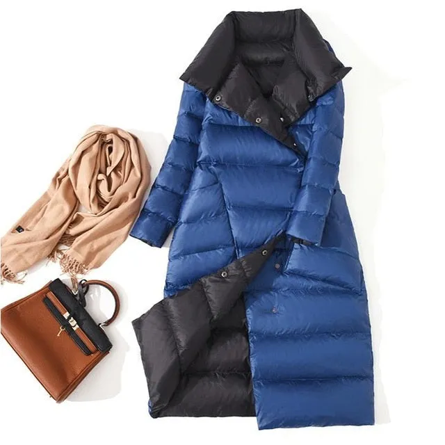 Women Double Sided Down Long Jacket Winter Turtleneck White Duck Down Coat Double Breasted Warm Parkas Snow Outwear