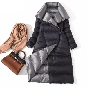 Women Double Sided Down Long Jacket Winter Turtleneck White Duck Down Coat Double Breasted Warm Parkas Snow Outwear