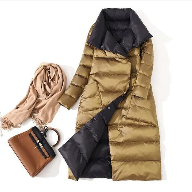 Women Double Sided Down Long Jacket Winter Turtleneck White Duck Down Coat Double Breasted Warm Parkas Snow Outwear