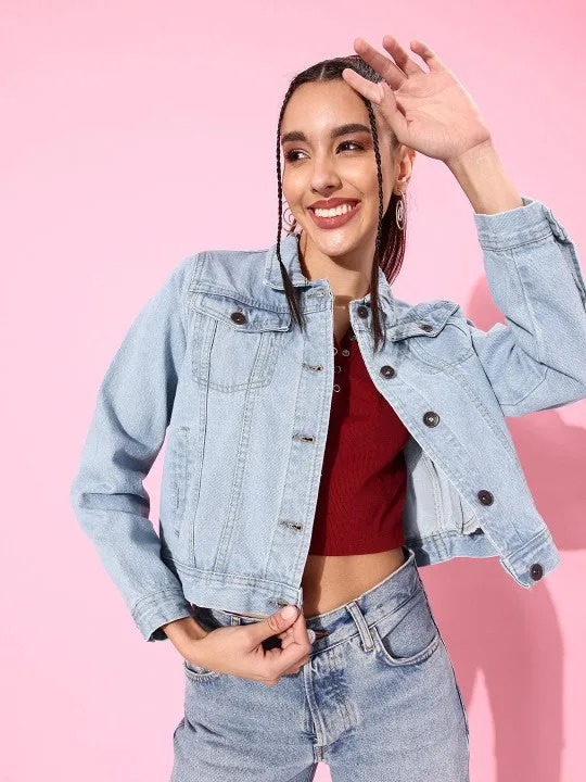 Women Light Blue Solid Denim Jacket