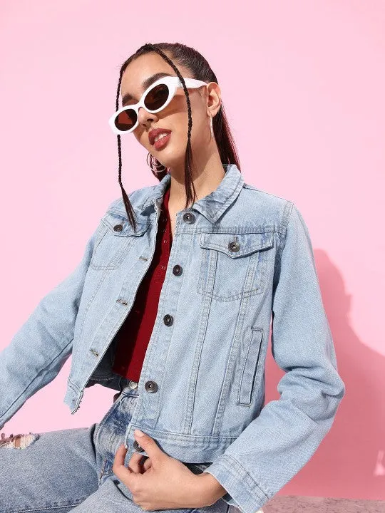Women Light Blue Solid Denim Jacket