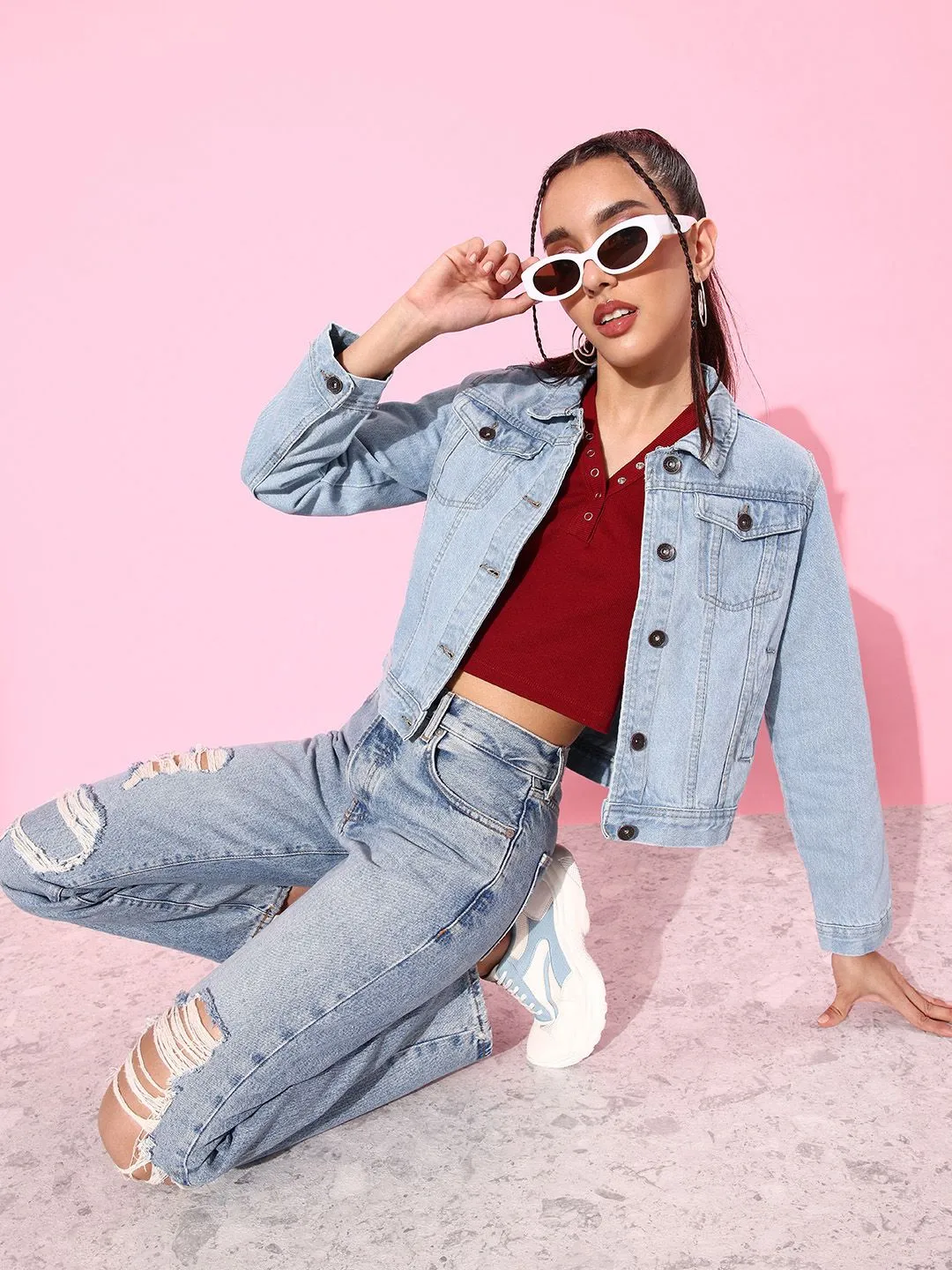 Women Light Blue Solid Denim Jacket