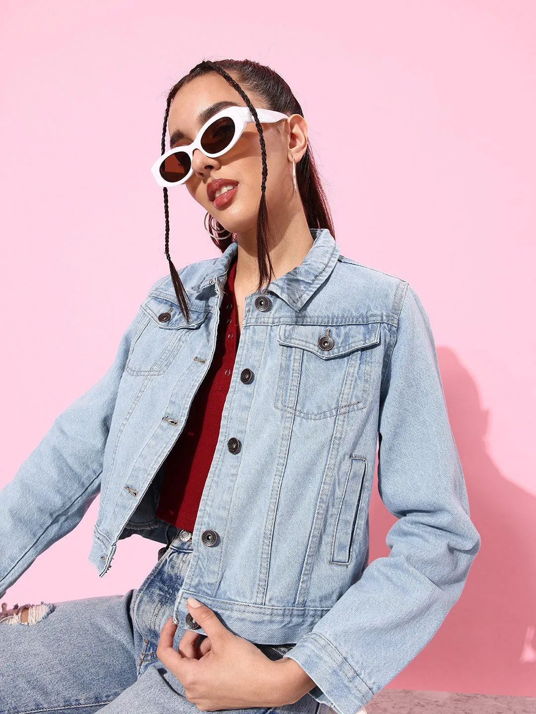 Women Light Blue Solid Denim Jacket