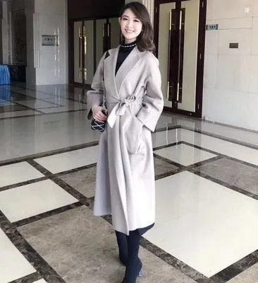 Women Long Autumn Winter Double Breasted Wool Coat