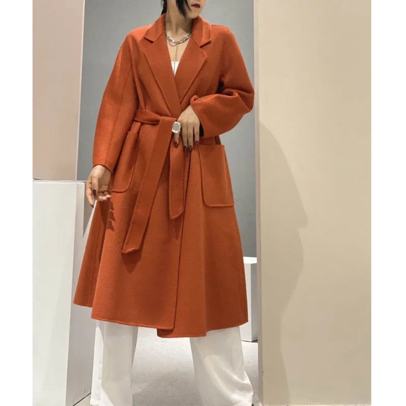 Women Long Autumn Winter Double Breasted Wool Coat