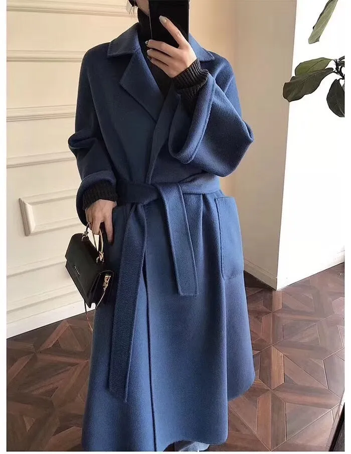 Women Long Autumn Winter Double Breasted Wool Coat