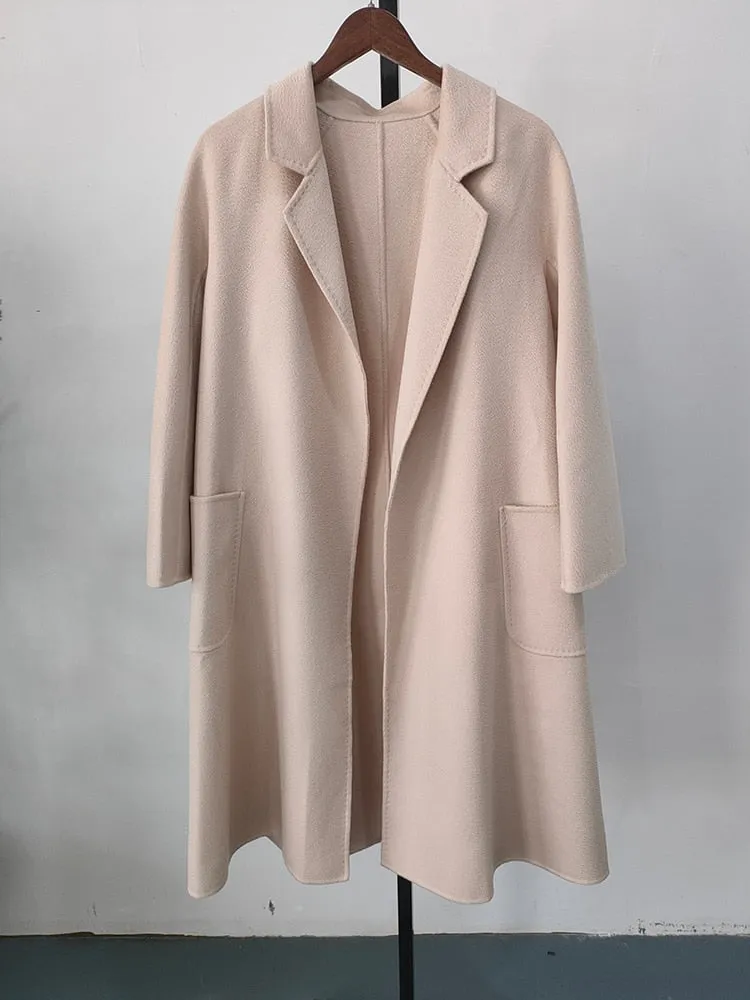 Women Long Autumn Winter Double Breasted Wool Coat