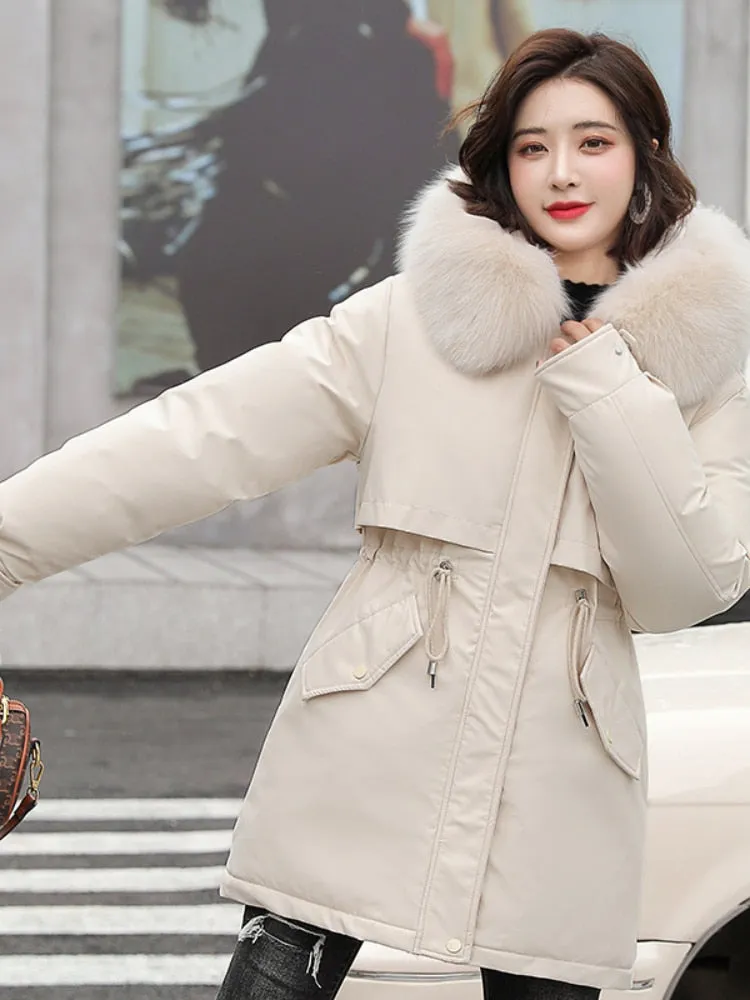Women Parka Fashion Long Coat Wool Liner Hooded Parkas Winter Jacket Slim with Fur Collar Warm Snow Wear Padded Clothes
