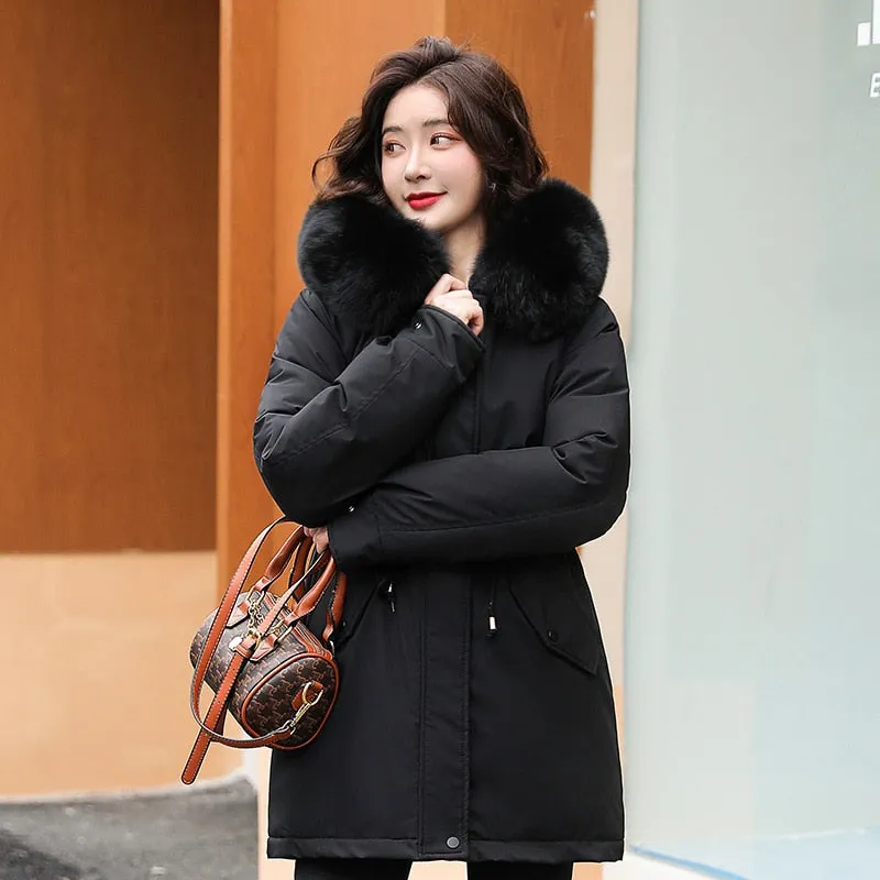 Women Parka Fashion Long Coat Wool Liner Hooded Parkas Winter Jacket Slim with Fur Collar Warm Snow Wear Padded Clothes