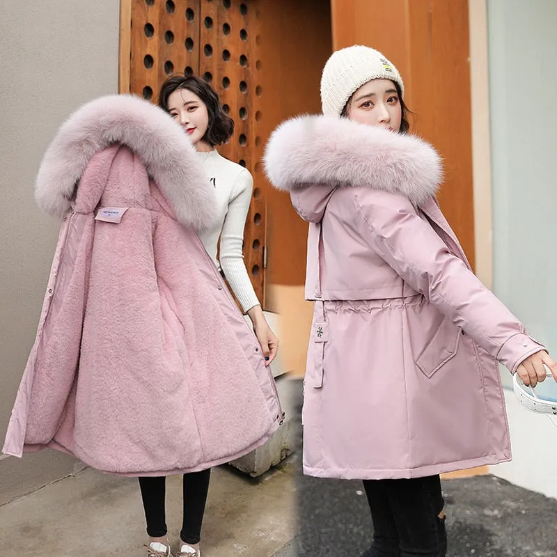 Women Parka Fashion Long Coat Wool Liner Hooded Parkas Winter Jacket Slim with Fur Collar Warm Snow Wear Padded Clothes
