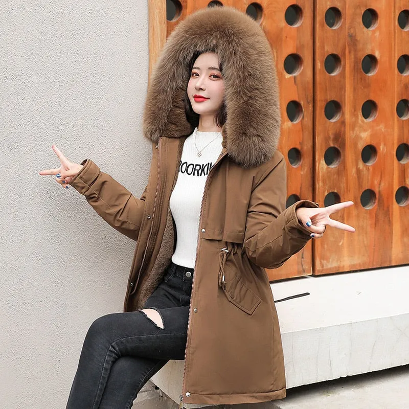 Women Parka Fashion Long Coat Wool Liner Hooded Parkas Winter Jacket Slim with Fur Collar Warm Snow Wear Padded Clothes