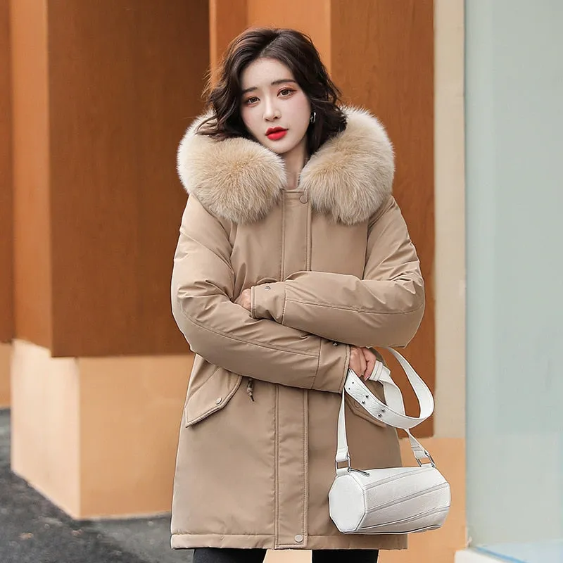 Women Parka Fashion Long Coat Wool Liner Hooded Parkas Winter Jacket Slim with Fur Collar Warm Snow Wear Padded Clothes