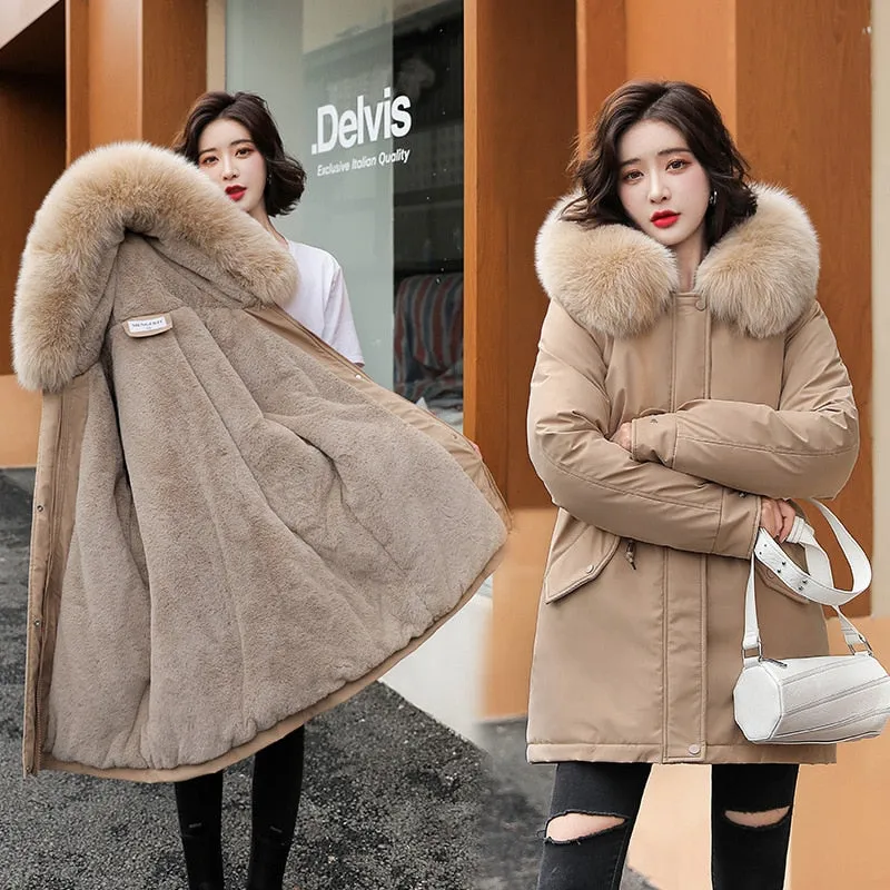 Women Parka Fashion Long Coat Wool Liner Hooded Parkas Winter Jacket Slim with Fur Collar Warm Snow Wear Padded Clothes