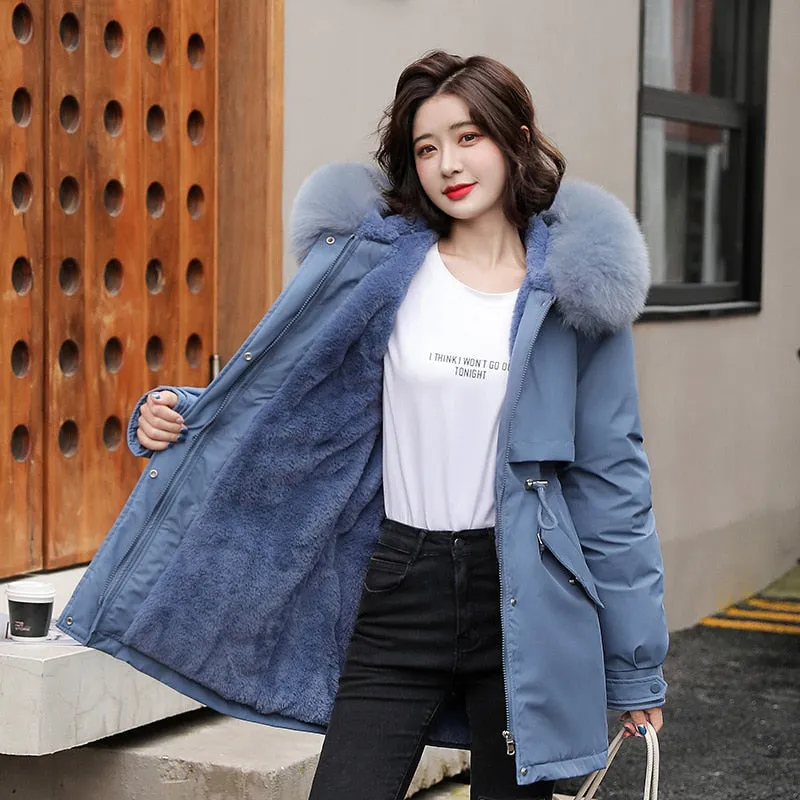 Women Parka Fashion Long Coat Wool Liner Hooded Parkas Winter Jacket Slim with Fur Collar Warm Snow Wear Padded Clothes