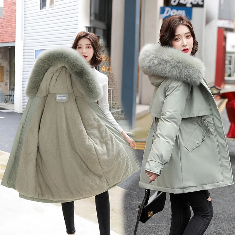 Women Parka Fashion Long Coat Wool Liner Hooded Parkas Winter Jacket Slim with Fur Collar Warm Snow Wear Padded Clothes
