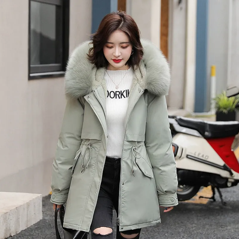 Women Parka Fashion Long Coat Wool Liner Hooded Parkas Winter Jacket Slim with Fur Collar Warm Snow Wear Padded Clothes