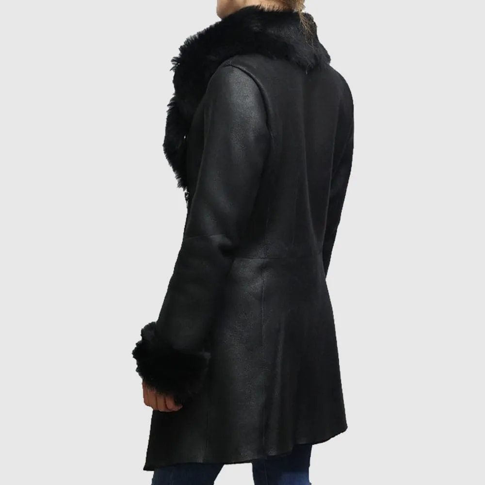 Women Shearling Sheepskin Suede Coat Merino Toscana Collar Black