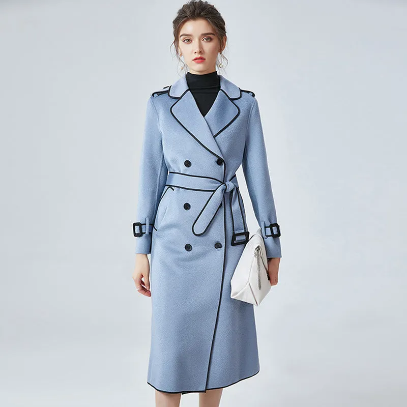Women Wool Coats Cashmere Slim Solid Coat Water Ripples Long Jacket Belt Winter 4818
