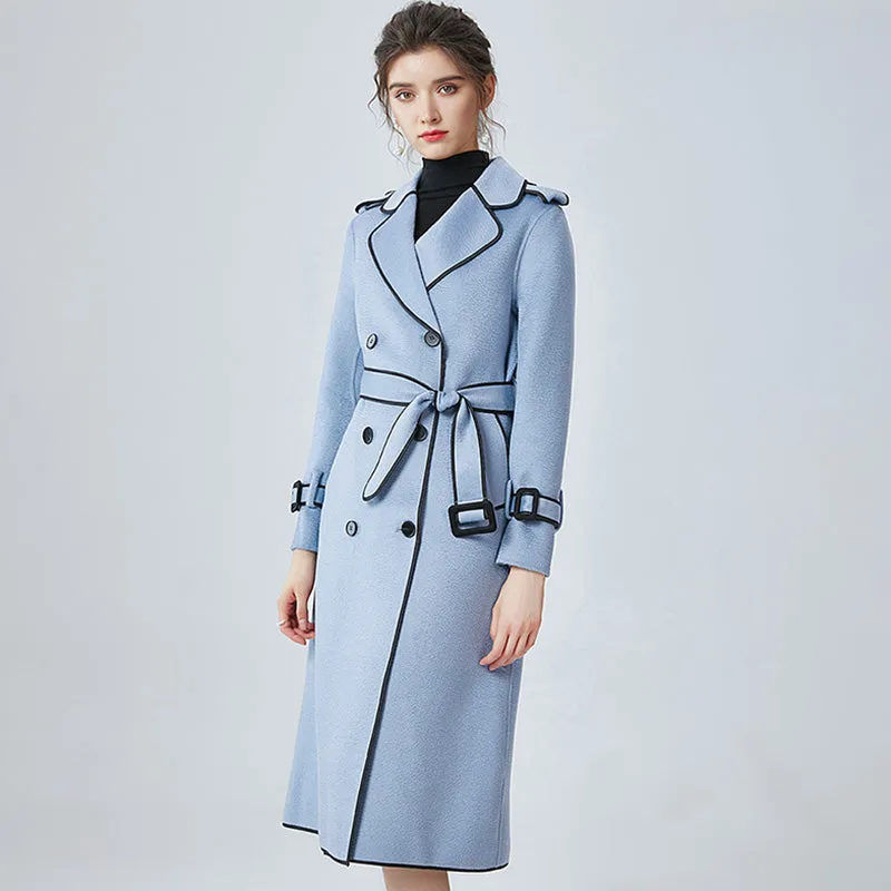 Women Wool Coats Cashmere Slim Solid Coat Water Ripples Long Jacket Belt Winter 4818