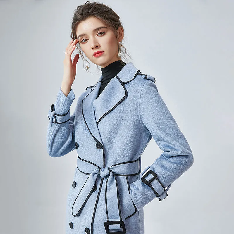 Women Wool Coats Cashmere Slim Solid Coat Water Ripples Long Jacket Belt Winter 4818