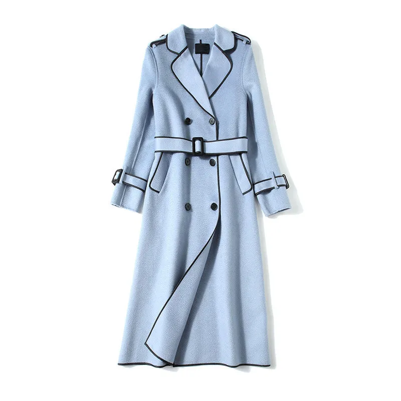 Women Wool Coats Cashmere Slim Solid Coat Water Ripples Long Jacket Belt Winter 4818