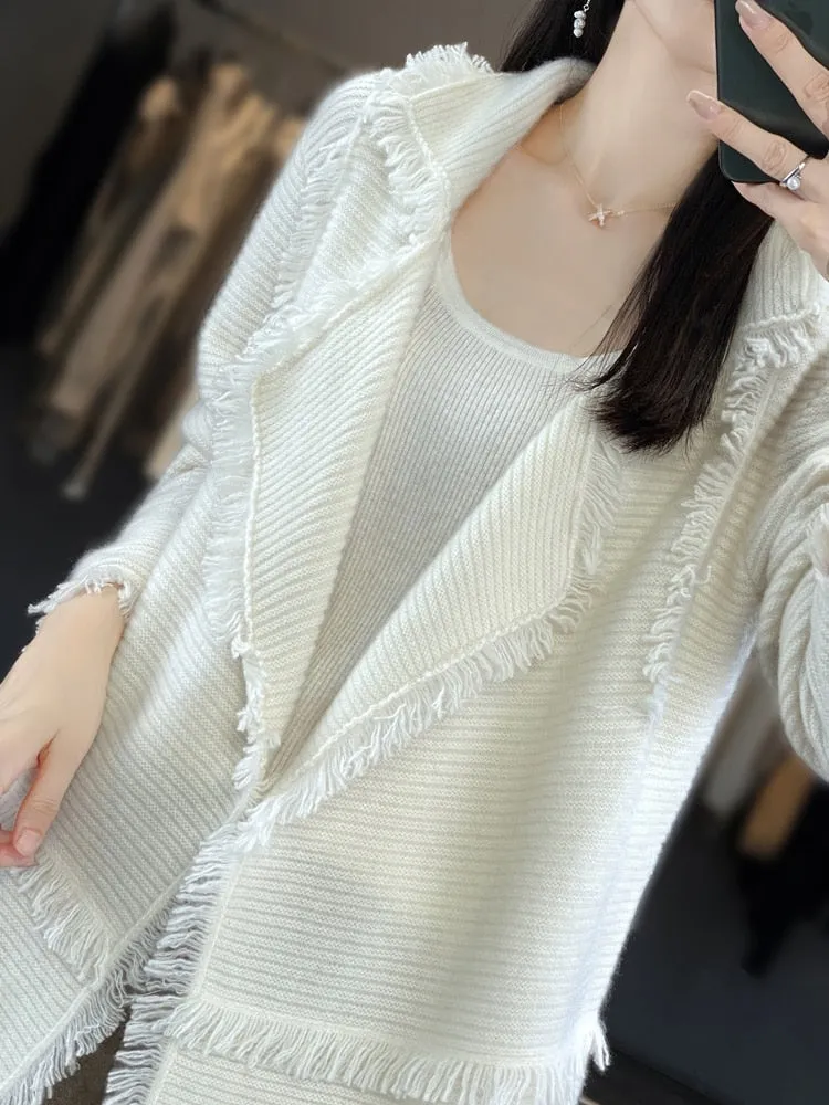 Women's 100% Merino Wool Tassel Cardigan Wide Collar Autumn/Winter Cardigan