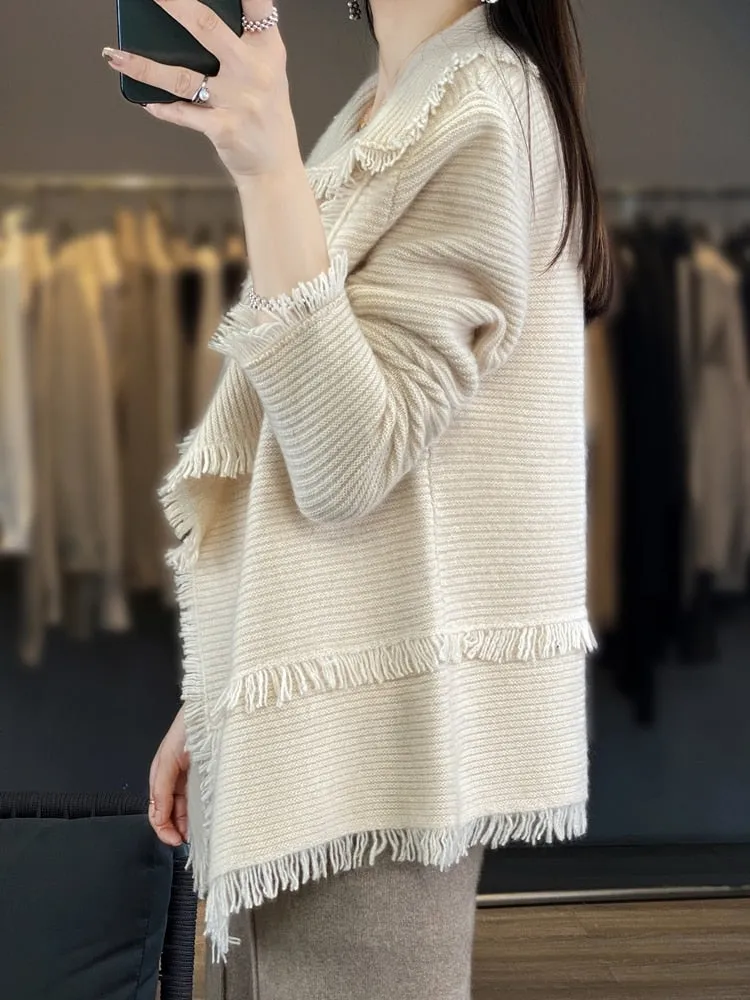 Women's 100% Merino Wool Tassel Cardigan Wide Collar Autumn/Winter Cardigan