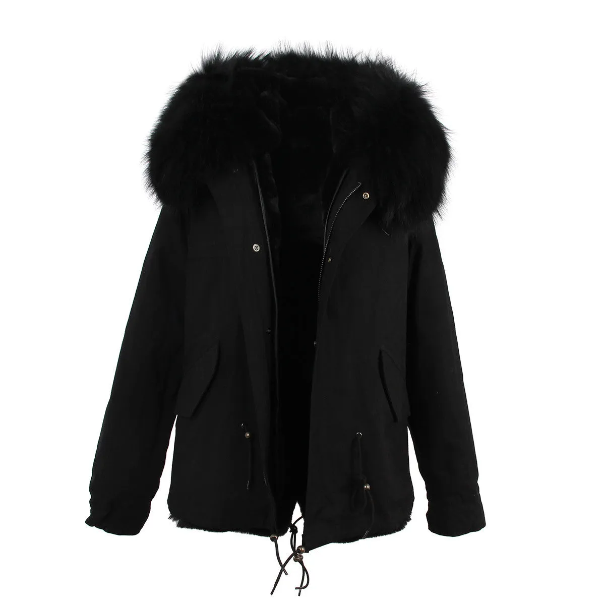 women's army green Large raccoon fur collar hooded coat parkas outwear 2 in 1 detachable lining winter jacket brand style