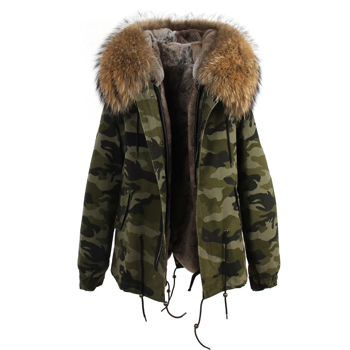women's army green Large raccoon fur collar hooded coat parkas outwear 2 in 1 detachable lining winter jacket brand style