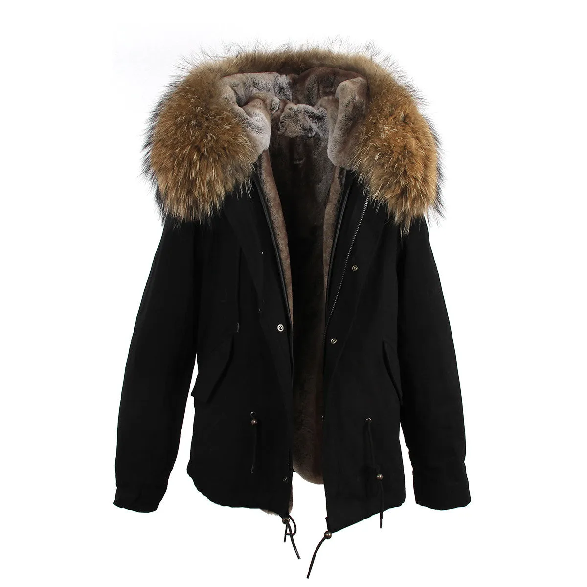 women's army green Large raccoon fur collar hooded coat parkas outwear 2 in 1 detachable lining winter jacket brand style