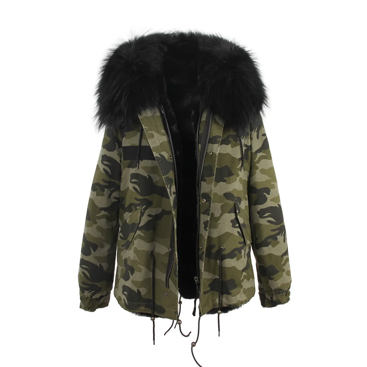 women's army green Large raccoon fur collar hooded coat parkas outwear 2 in 1 detachable lining winter jacket brand style