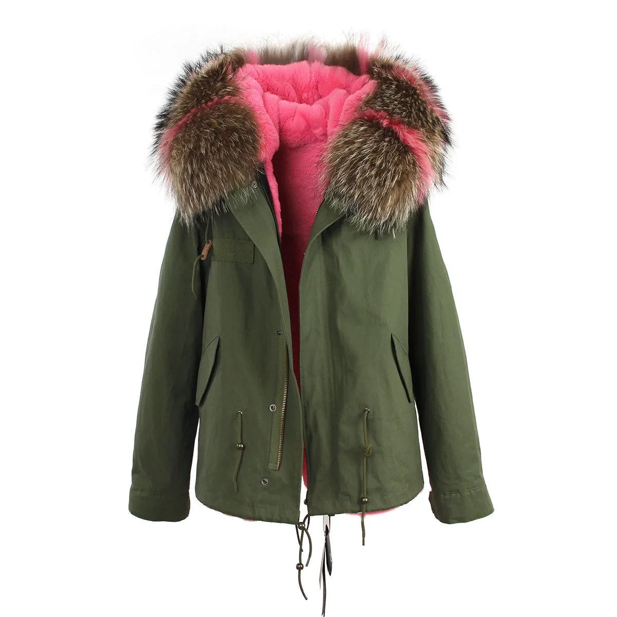 women's army green Large raccoon fur collar hooded coat parkas outwear 2 in 1 detachable lining winter jacket brand style