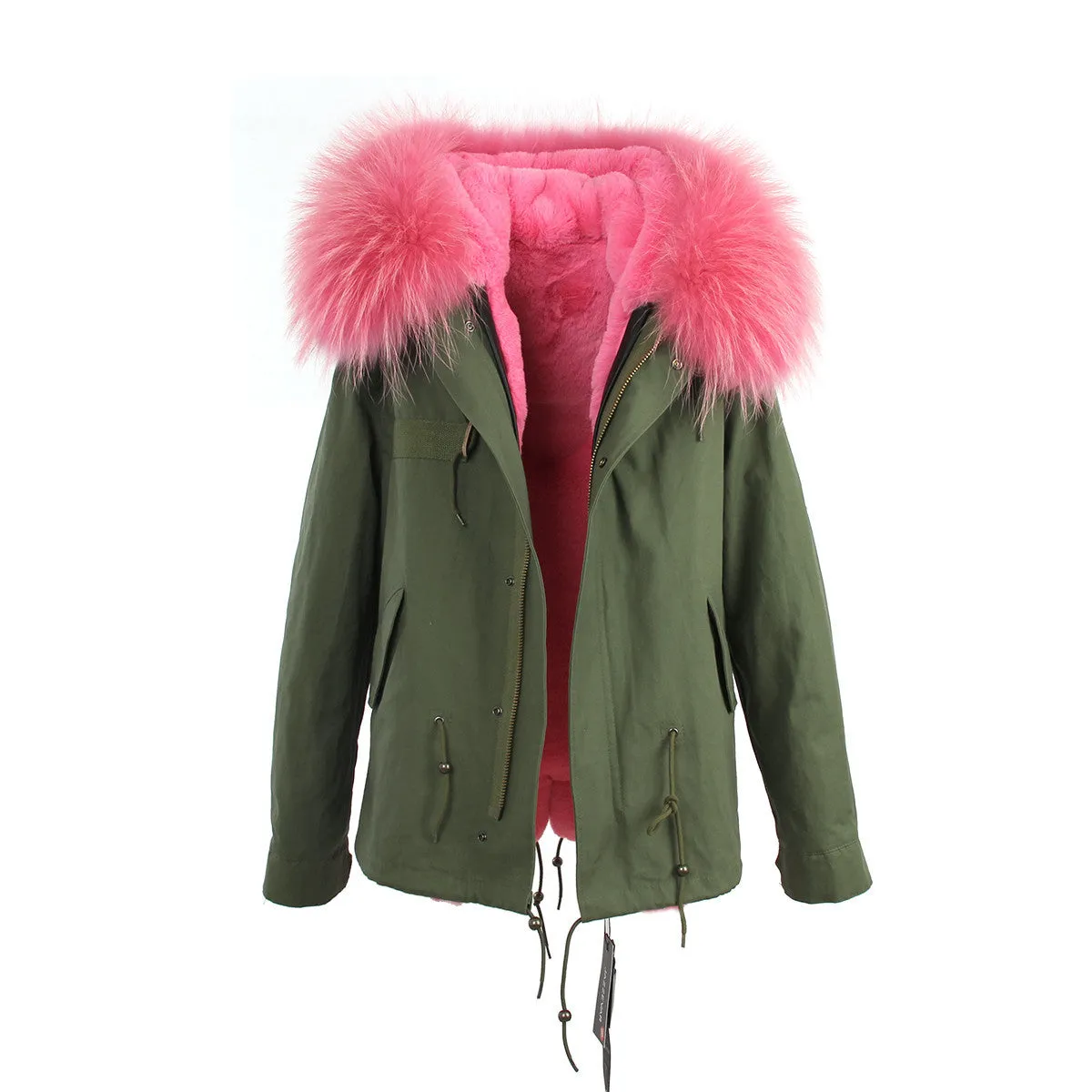 women's army green Large raccoon fur collar hooded coat parkas outwear 2 in 1 detachable lining winter jacket brand style