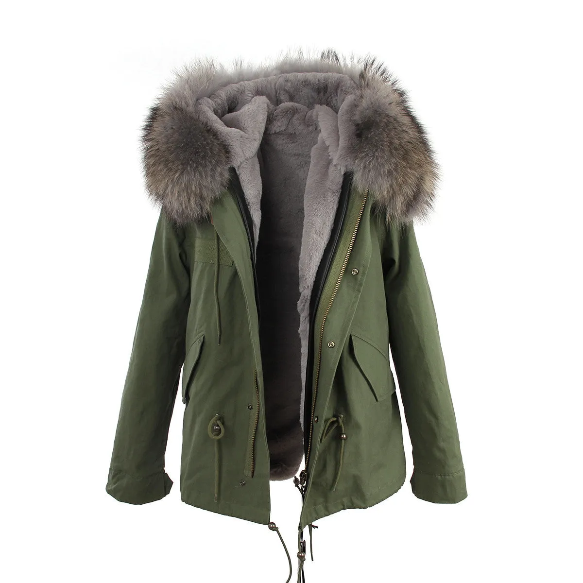women's army green Large raccoon fur collar hooded coat parkas outwear 2 in 1 detachable lining winter jacket brand style