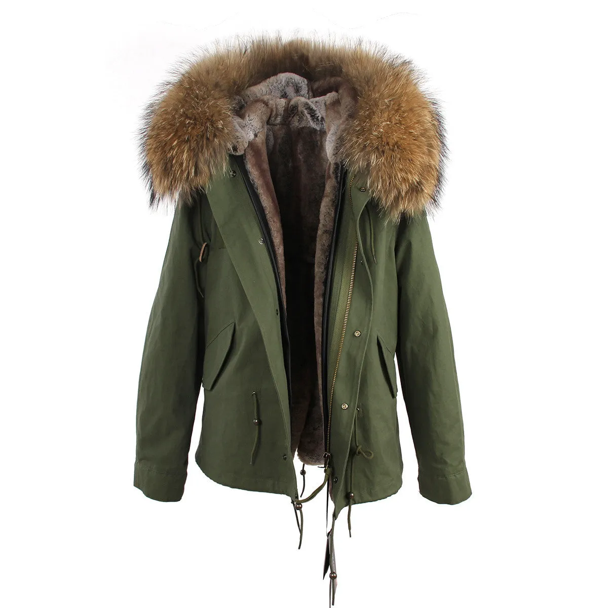 women's army green Large raccoon fur collar hooded coat parkas outwear 2 in 1 detachable lining winter jacket brand style