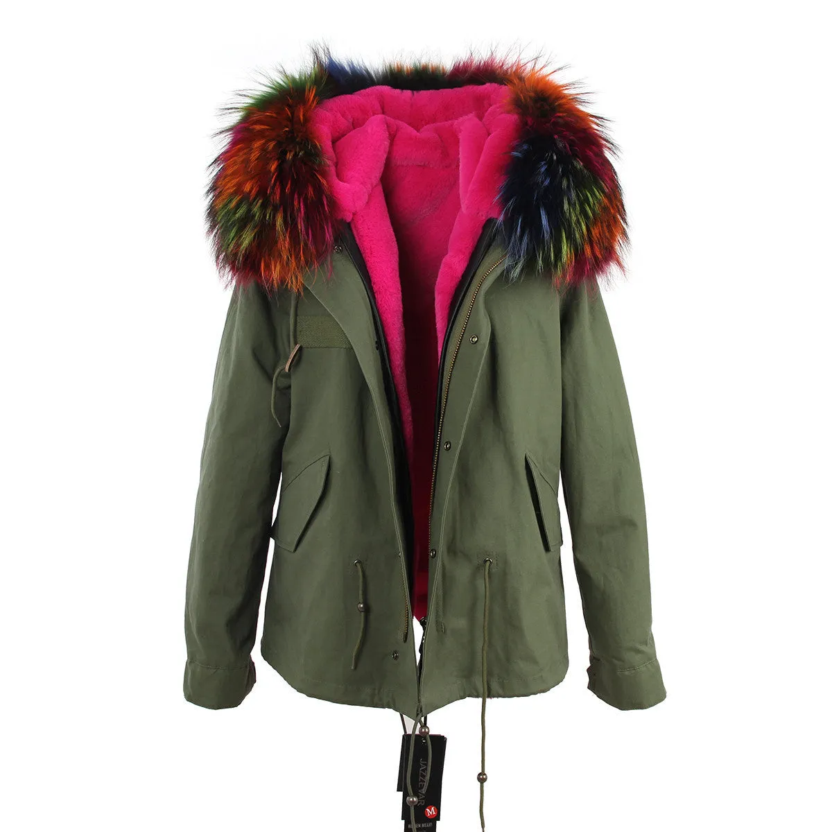 women's army green Large raccoon fur collar hooded coat parkas outwear 2 in 1 detachable lining winter jacket brand style