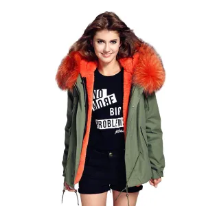 women's army green Large raccoon fur collar hooded coat parkas outwear 2 in 1 detachable lining winter jacket brand style