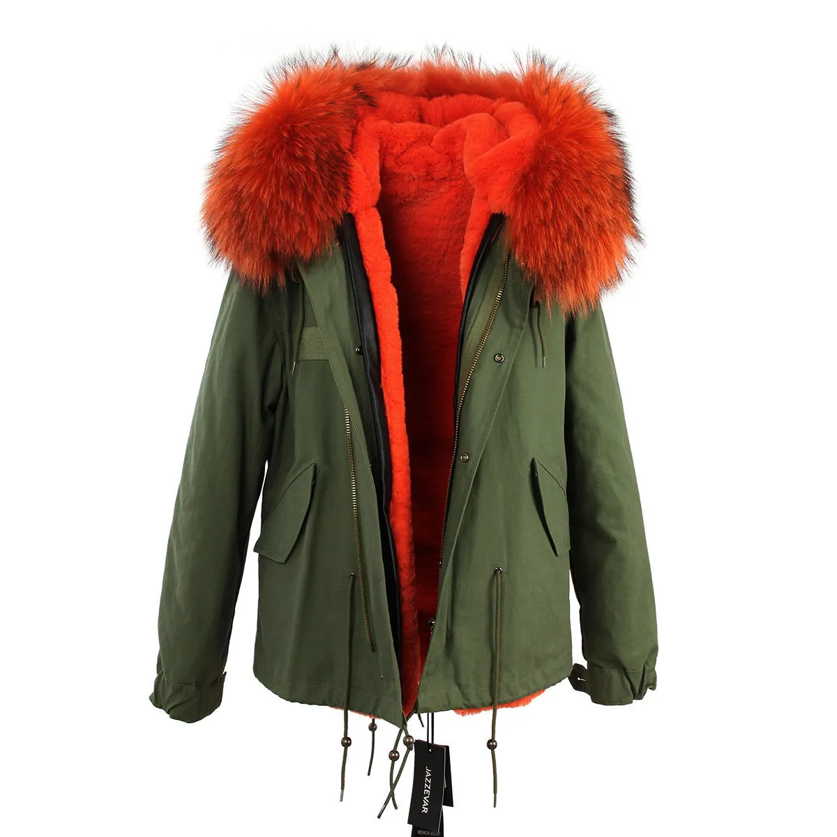 women's army green Large raccoon fur collar hooded coat parkas outwear 2 in 1 detachable lining winter jacket brand style