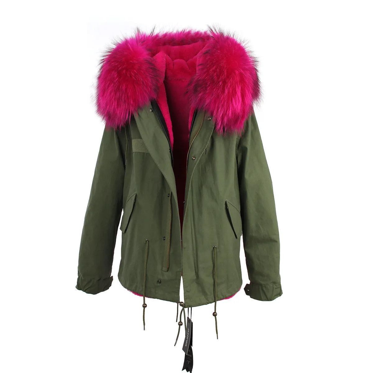 women's army green Large raccoon fur collar hooded coat parkas outwear 2 in 1 detachable lining winter jacket brand style