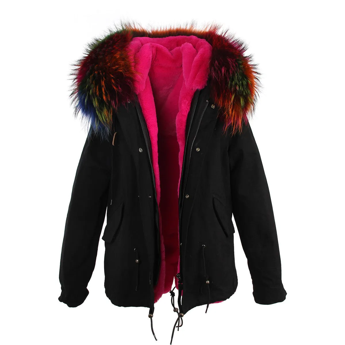 women's army green Large raccoon fur collar hooded coat parkas outwear 2 in 1 detachable lining winter jacket brand style