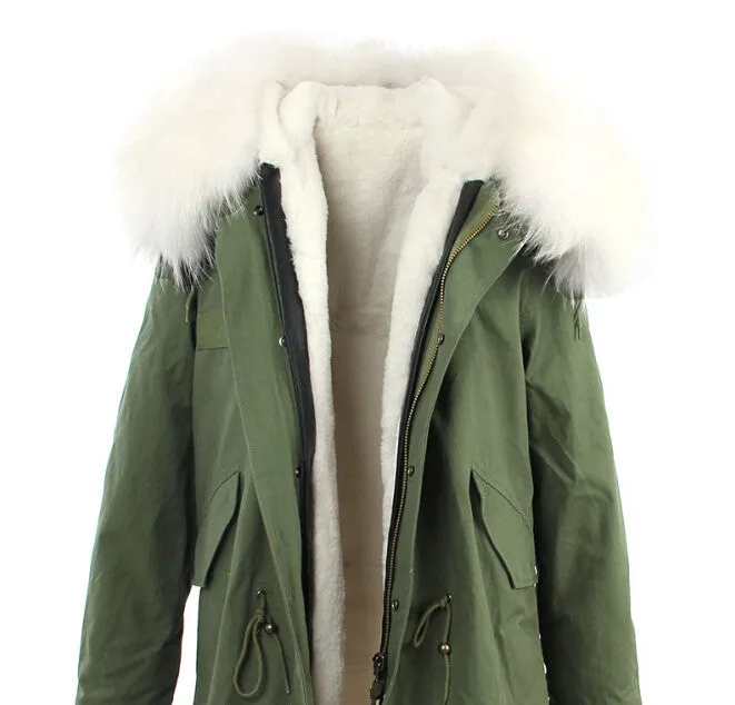 women's army green Large raccoon fur collar hooded coat parkas outwear 2 in 1 detachable lining winter jacket brand style