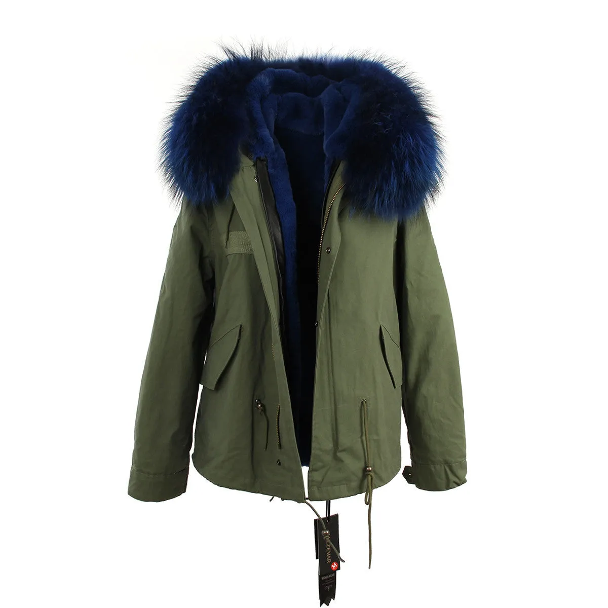 women's army green Large raccoon fur collar hooded coat parkas outwear 2 in 1 detachable lining winter jacket brand style