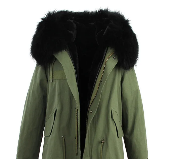 women's army green Large raccoon fur collar hooded coat parkas outwear 2 in 1 detachable lining winter jacket brand style